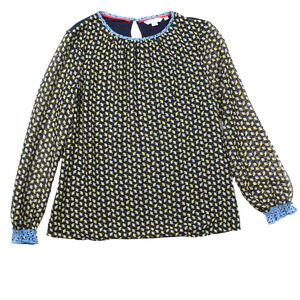 Boden Floral Blouse Womens 8 Navy Yellow Ruffle Sheer Romantic Top Lightweight